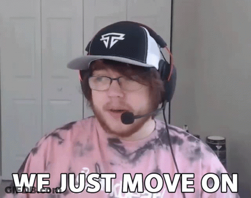 A Man Wearing Glasses And A Hat With The Words We Just Move On GIF