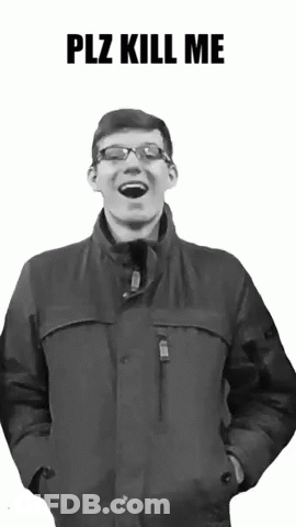 A Man Wearing Glasses And A Jacket Says ' Plz Kill Me ' On A White Background GIF