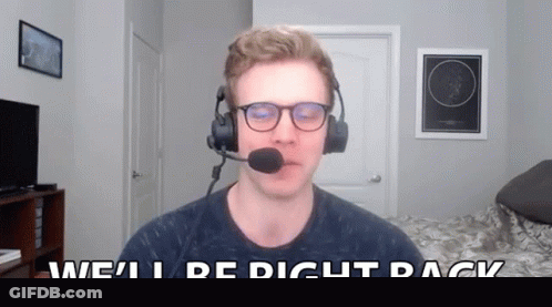 A Man Wearing Glasses And A Microphone Says We 'Ll Be Right Back GIF