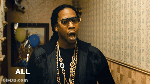 A Man Wearing Glasses And A Necklace With The Word All Behind Him GIF