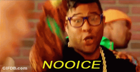 A Man Wearing Glasses And A Necklace With The Word Nooice Written On It GIF