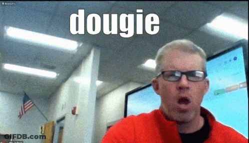 A Man Wearing Glasses And A Red Jacket With The Word Dougie On The Bottom Right GIF