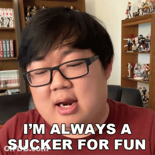 A Man Wearing Glasses And A Red Shirt Says I 'M Always A Sucker For Fun GIF