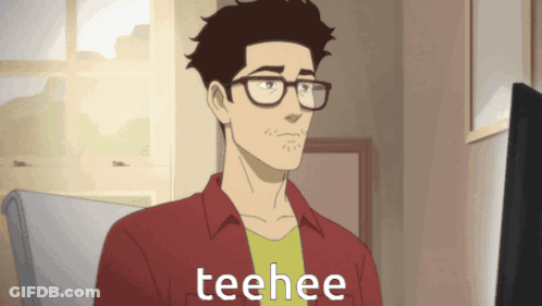 A Man Wearing Glasses And A Red Shirt Says Teehee In A Cartoon GIF