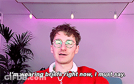 A Man Wearing Glasses And A Red Sweater Says I 'M Wearing Briefs Right Now I Must Say GIF