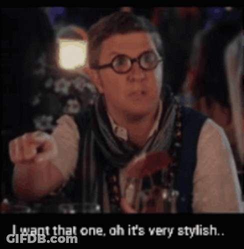 A Man Wearing Glasses And A Scarf Says I Want That One Oh It 'S Very Stylish .. GIF