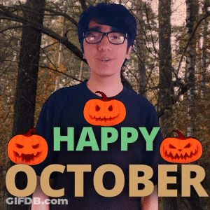 A Man Wearing Glasses And A Shirt That Says Happy October With Pumpkins On It GIF