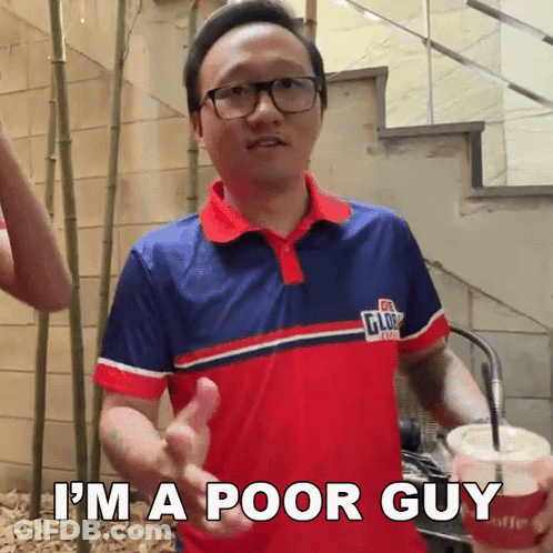 A Man Wearing Glasses And A Shirt That Says ' I 'M A Poor Guy ' On It GIF