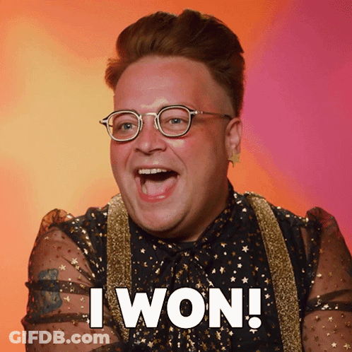 A Man Wearing Glasses And A Shirt That Says " I Won " GIF
