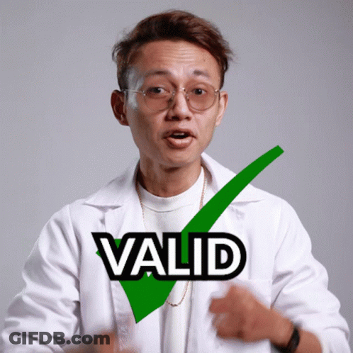 A Man Wearing Glasses And A White Coat Has A Green Check Mark That Says Valid GIF