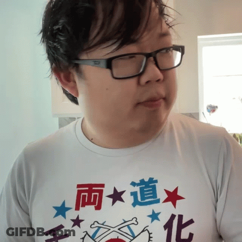 A Man Wearing Glasses And A White Shirt With Chinese Writing GIF