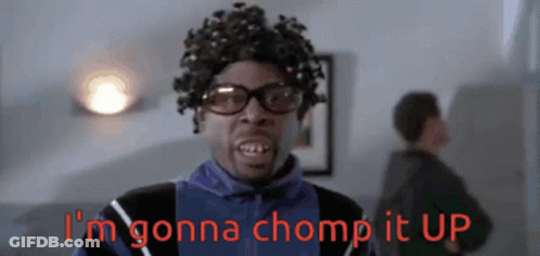 A Man Wearing Glasses And A Wig Is Saying I 'M Gonna Chomp It Up GIF