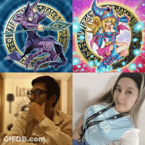 A Man Wearing Glasses And A Woman Wearing A Blue Shirt With A Lanyard That Says Lasik On It GIF