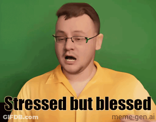 A Man Wearing Glasses And A Yellow Shirt Says " Stressed But Blessed " GIF