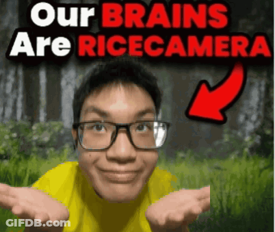 A Man Wearing Glasses And A Yellow Shirt With The Words " Our Brains Are Ricecamera " Behind Him GIF