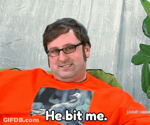 A Man Wearing Glasses And An Orange Shirt That Says He Bit Me On It GIF