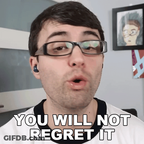A Man Wearing Glasses And Ear Buds Says " You Will Not Regret It " GIF