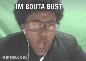 A Man Wearing Glasses And Earbuds Is Making A Funny Face And The Words Im Bouta Bust Are Above Him GIF