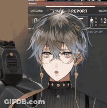 A Man Wearing Glasses And Earrings Stands In Front Of A Screen That Says Report GIF
