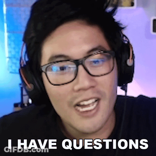 A Man Wearing Glasses And Headphones Has The Words I Have Questions Written On His Face GIF