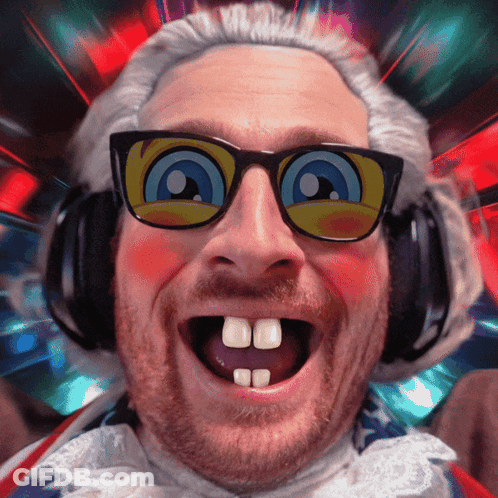 A Man Wearing Glasses And Headphones Is Making A Funny Face With His Mouth Open GIF