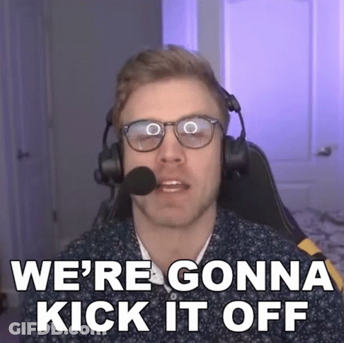 A Man Wearing Glasses And Headphones Is Saying We 'Re Gonna Kick It Off GIF