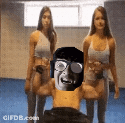 A Man Wearing Glasses And Headphones Is Standing Next To Two Women GIF