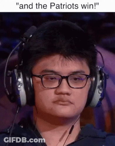 A Man Wearing Glasses And Headphones With The Caption " And The Patriots Win ! " GIF