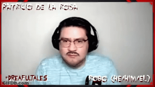 A Man Wearing Glasses And Headphones With The Name Patricio De La Rosa Below Him GIF