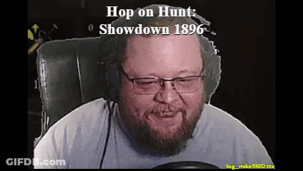 A Man Wearing Glasses And Headphones With The Words Hop On Hunt Showdown 1896 Written Above Him GIF