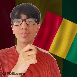 A Man Wearing Glasses Holds A Red Yellow And Green Flag In Front Of Him GIF