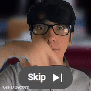 A Man Wearing Glasses Holds His Hand To His Face In Front Of A Button That Says Skip GIF