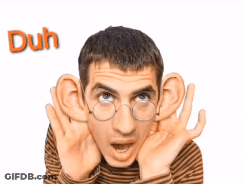 A Man Wearing Glasses Is Covering His Ears With His Hands And The Word Duh Is Behind Him GIF