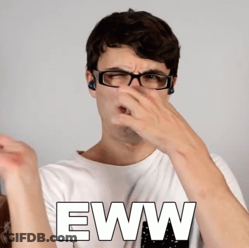 A Man Wearing Glasses Is Covering His Nose With His Hand And The Word Eww Is On The Bottom Right GIF