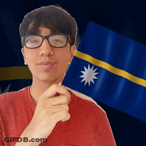 A Man Wearing Glasses Is Holding A Blue Flag With A Yellow Stripe And A White Star GIF