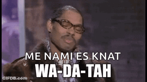 A Man Wearing Glasses Is Making A Funny Face And Saying `` Me Nami Es Knut Wa-Da-Tah '' . GIF