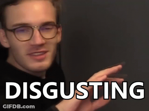 A Man Wearing Glasses Is Making A Funny Face And The Word Disgusting Is Behind Him . GIF