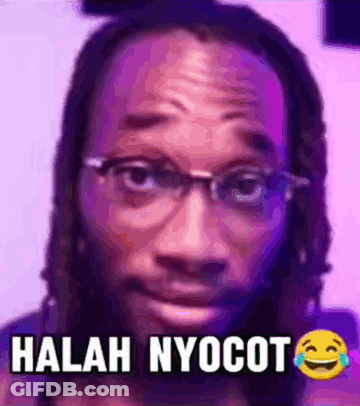 A Man Wearing Glasses Is Making A Funny Face With The Words " Halah Nyocot " Above Him GIF