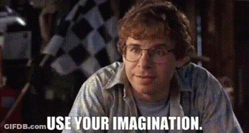 A Man Wearing Glasses Is Sitting At A Table With The Words `` Use Your Imagination '' Written Above Him . GIF