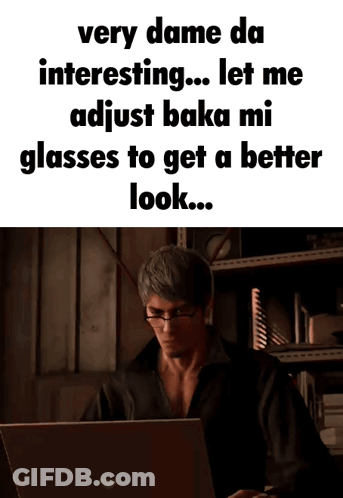 A Man Wearing Glasses Is Sitting In Front Of A Laptop Computer With A Caption That Says Very Dame Da Interesting GIF