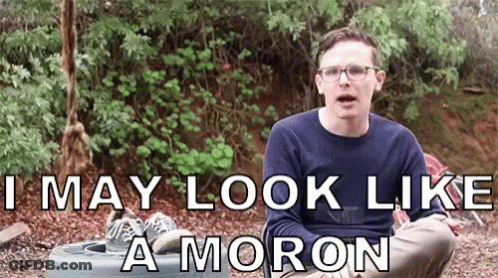 A Man Wearing Glasses Is Sitting In The Dirt With The Words I May Look Like A Moron Below Him GIF