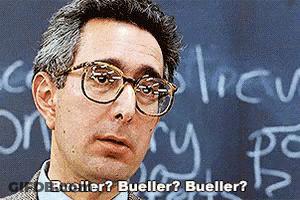 A Man Wearing Glasses Is Standing In Front Of A Blackboard With The Words Bueller Bueller Bueller Written On It GIF