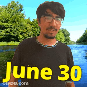 A Man Wearing Glasses Is Standing In Front Of A River And The Date June 30 GIF