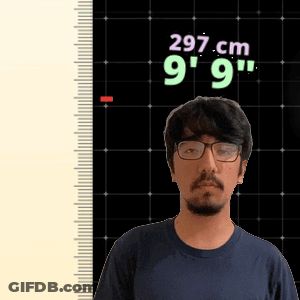 A Man Wearing Glasses Is Standing In Front Of A Ruler That Says 297 Cm 9 ' 9 ' GIF