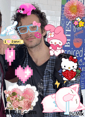 A Man Wearing Glasses Is Surrounded By Pink Hearts And Hello Kitty Stickers GIF