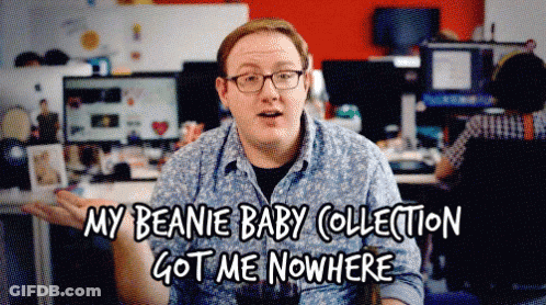 A Man Wearing Glasses Is Talking About His Beanie Baby Collection GIF
