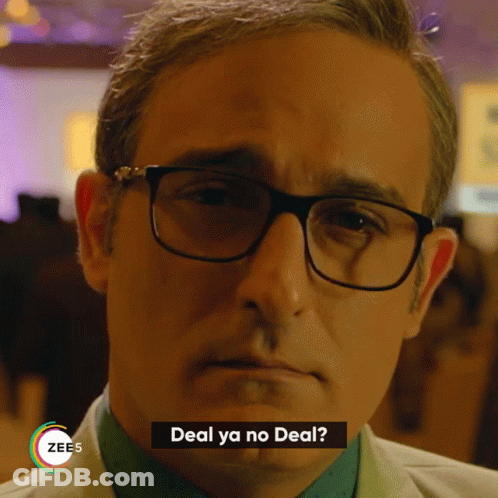 A Man Wearing Glasses Says " Deal Ya No Deal " On The Screen GIF