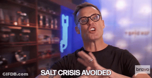 A Man Wearing Glasses Says " Salt Crisis Avoided " GIF