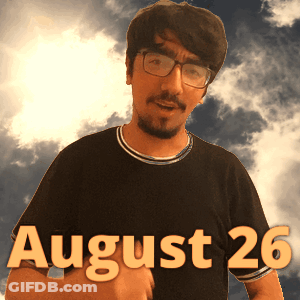 A Man Wearing Glasses Stands In Front Of A Cloudy Sky And The Date August 26 GIF