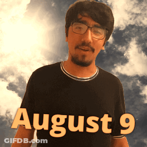A Man Wearing Glasses Stands In Front Of A Cloudy Sky And The Date August 9 GIF